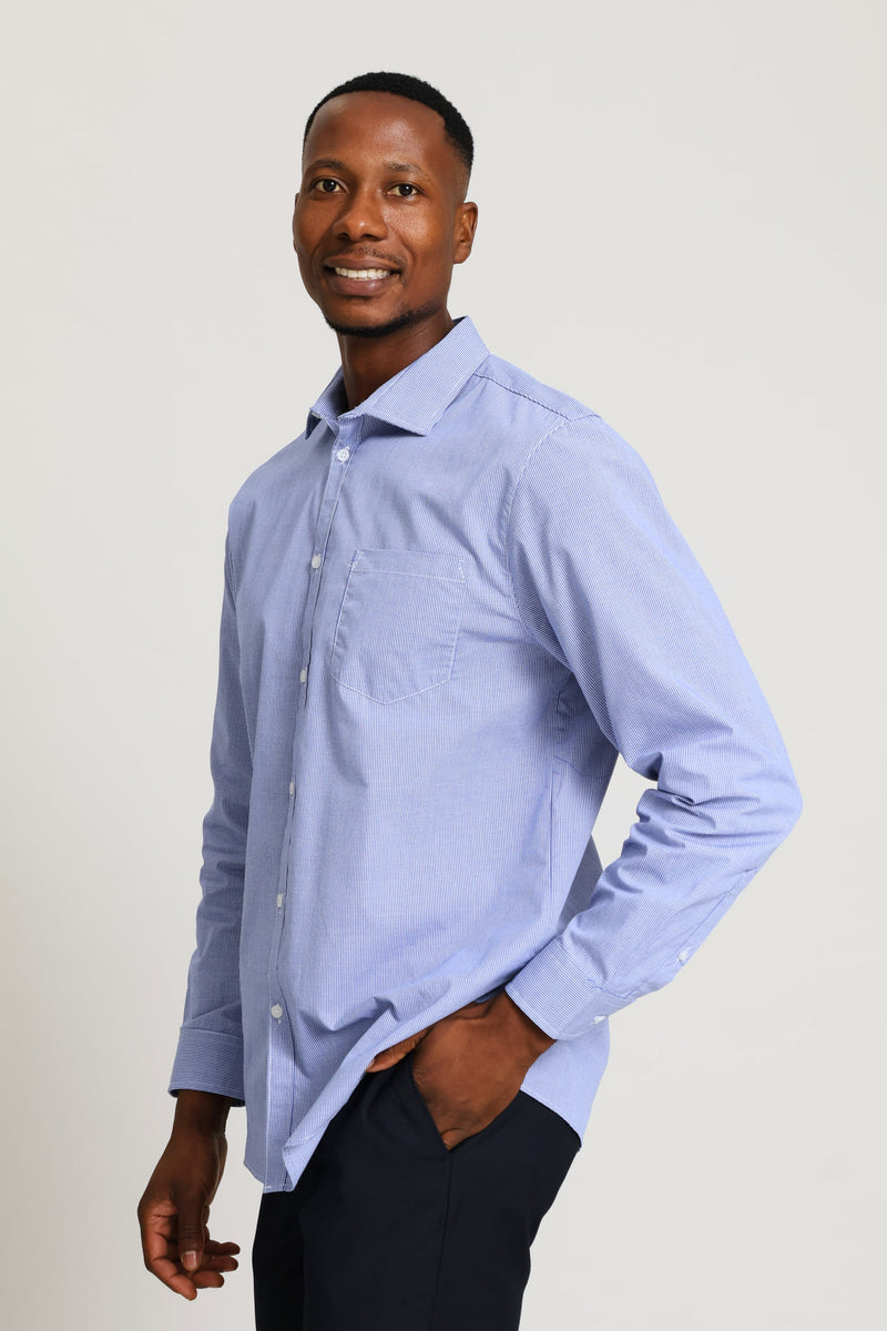 Regular Long Sleeve Mini Check Textured Shirt - Mid Blue