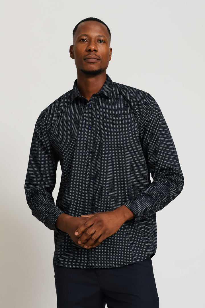 Regular Long Sleeve Mini Line Printed Shirt - Black/Blue