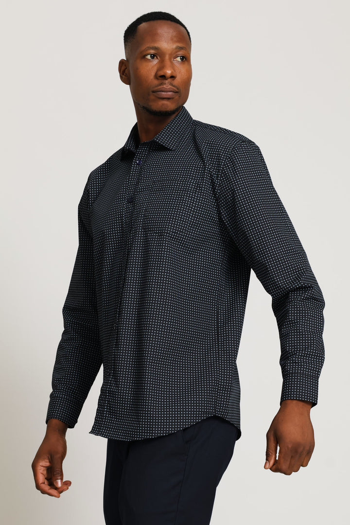 Regular Long Sleeve Mini Line Printed Shirt - Black/Blue