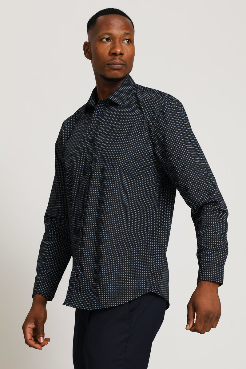 Regular Long Sleeve Mini Line Printed Shirt - Black/Blue