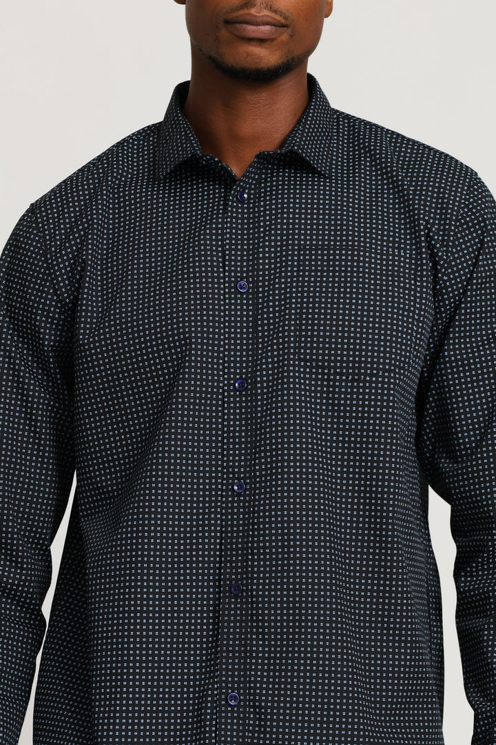 Regular Long Sleeve Mini Line Printed Shirt - Black/Blue