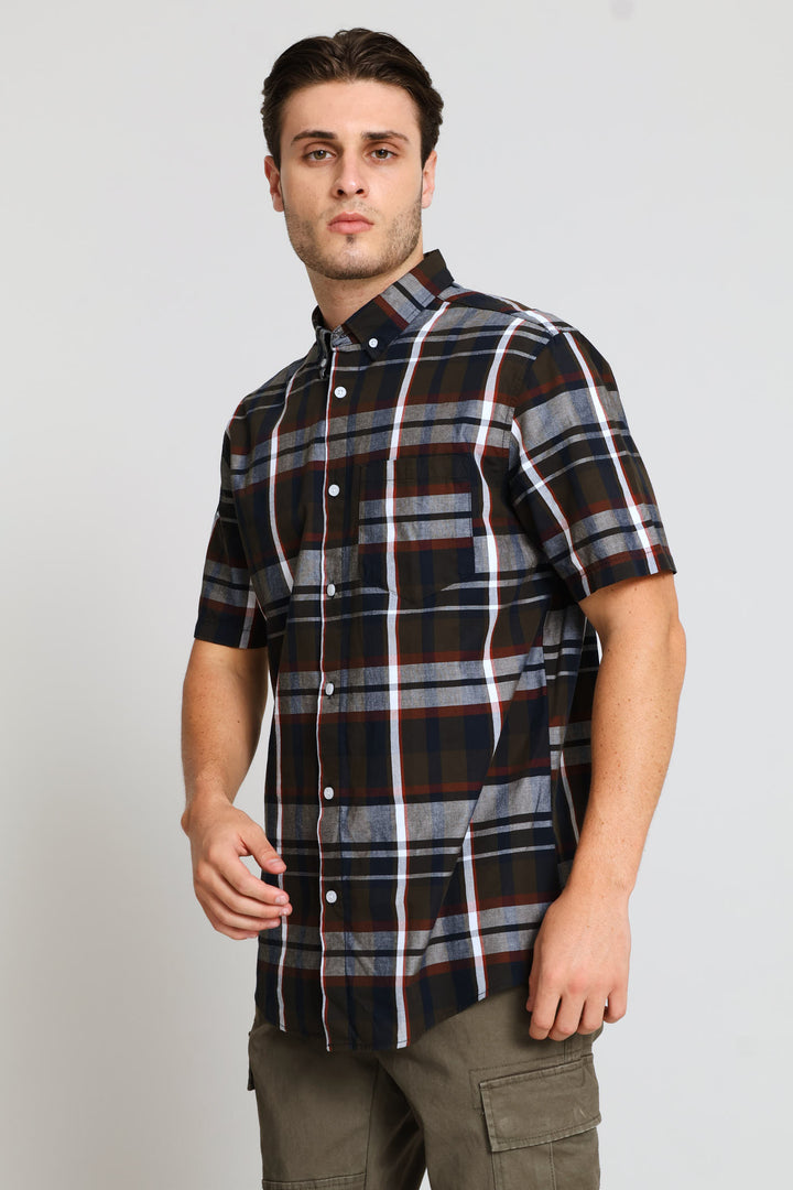 Golden Rooibos Button Down Check Shirt - Fatigue/Navy/Red