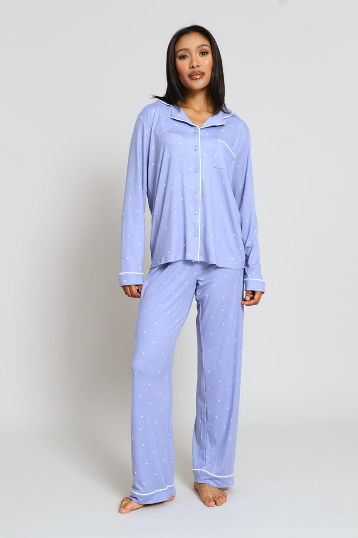 Long Sleeve Soft Touch Button Through & Knit Pant Set - Blue