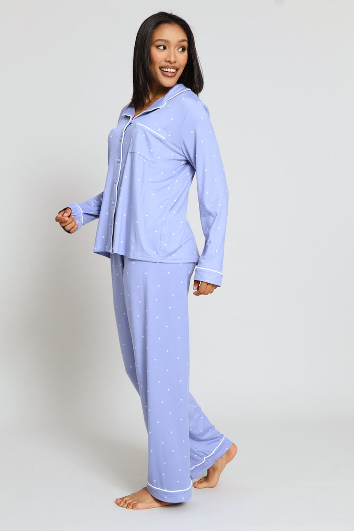 Long Sleeve Soft Touch Button Through & Knit Pant Set - Blue