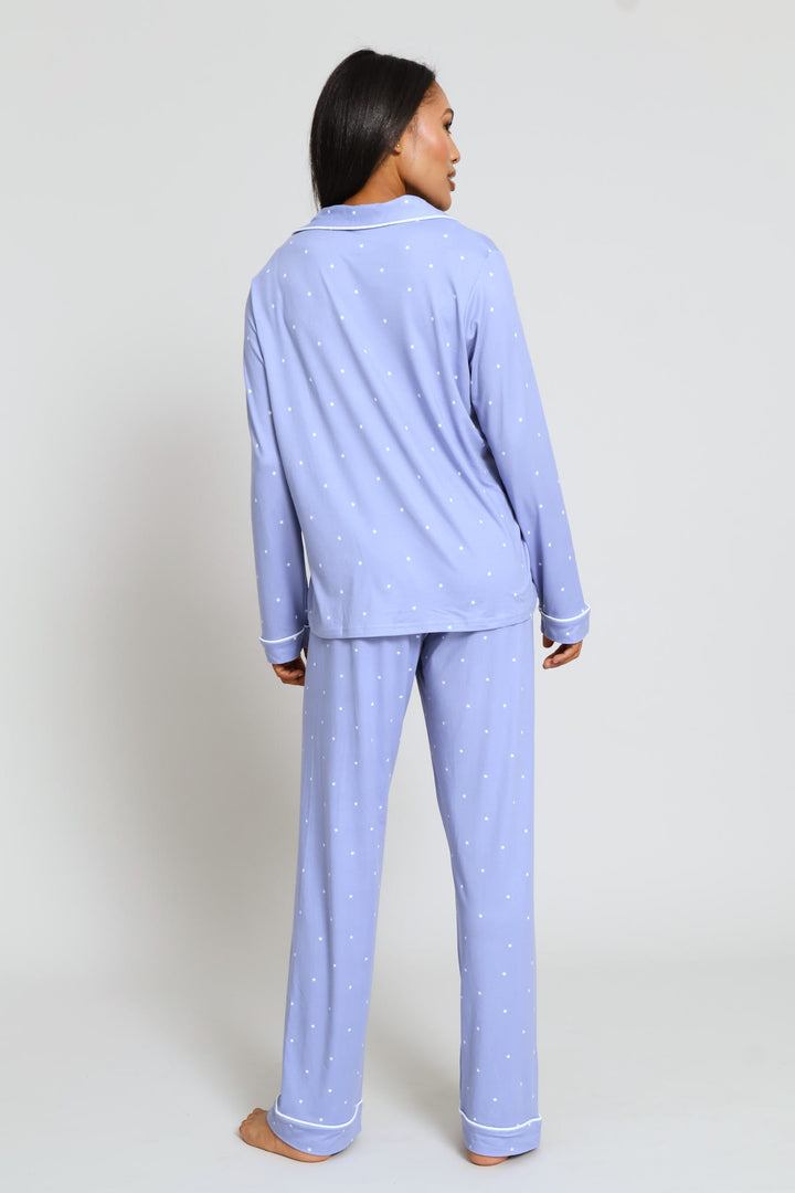Long Sleeve Soft Touch Button Through & Knit Pant Set - Blue