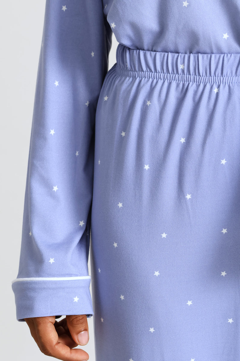 Long Sleeve Soft Touch Button Through & Knit Pant Set - Blue