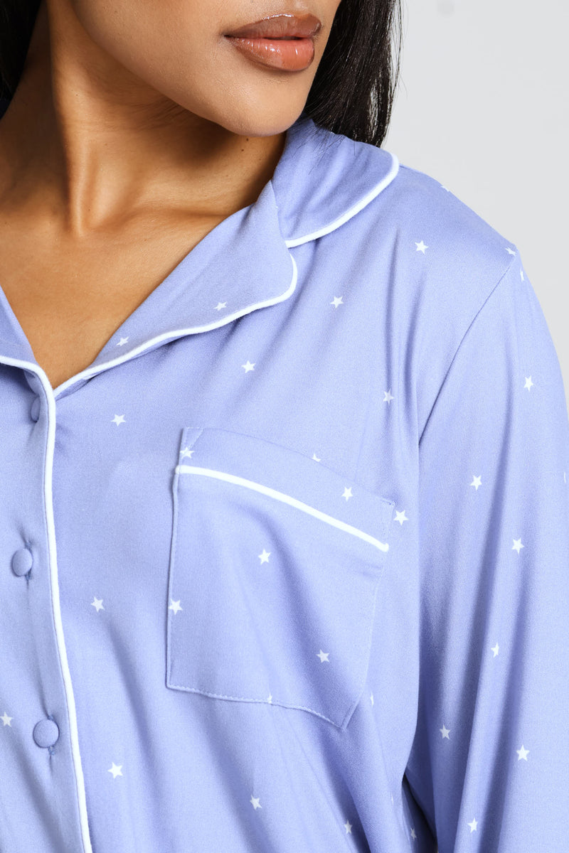 Long Sleeve Soft Touch Button Through & Knit Pant Set - Blue