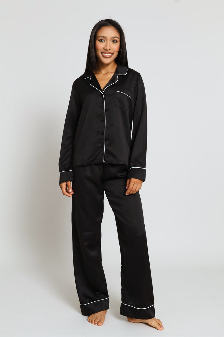 Long Sleeve Button Through & Satin Pant Set - Black