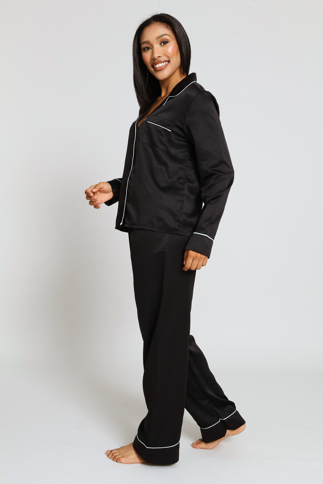Long Sleeve Button Through & Satin Pant Set - Black