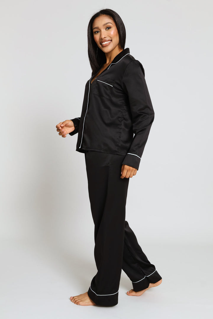 Long Sleeve Button Through & Satin Pant Set - Black