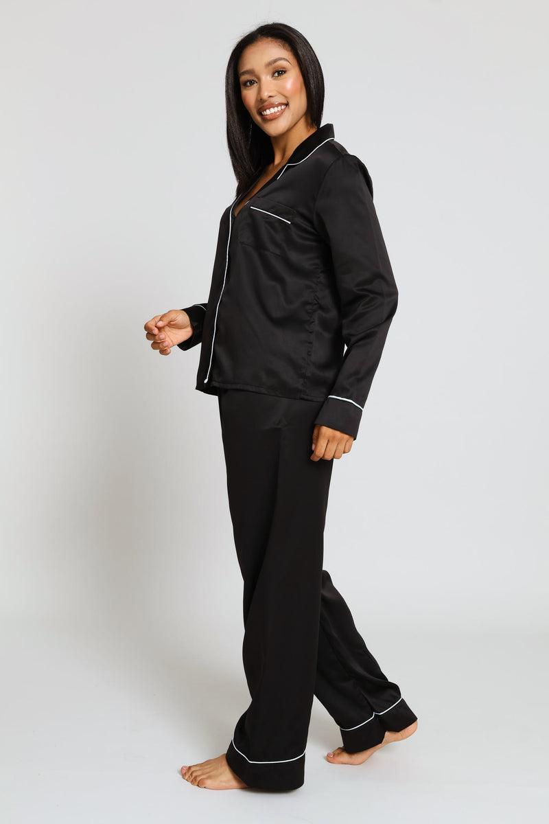 Long Sleeve Button Through & Satin Pant Set - Black