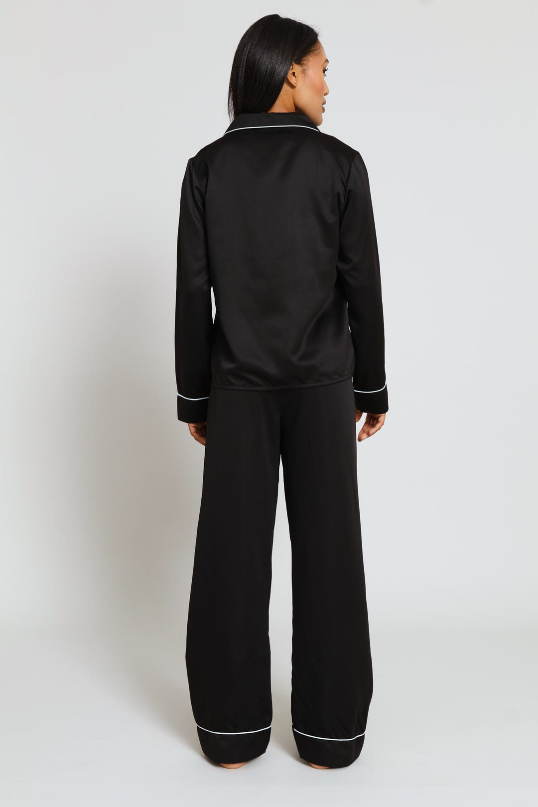 Long Sleeve Button Through & Satin Pant Set - Black