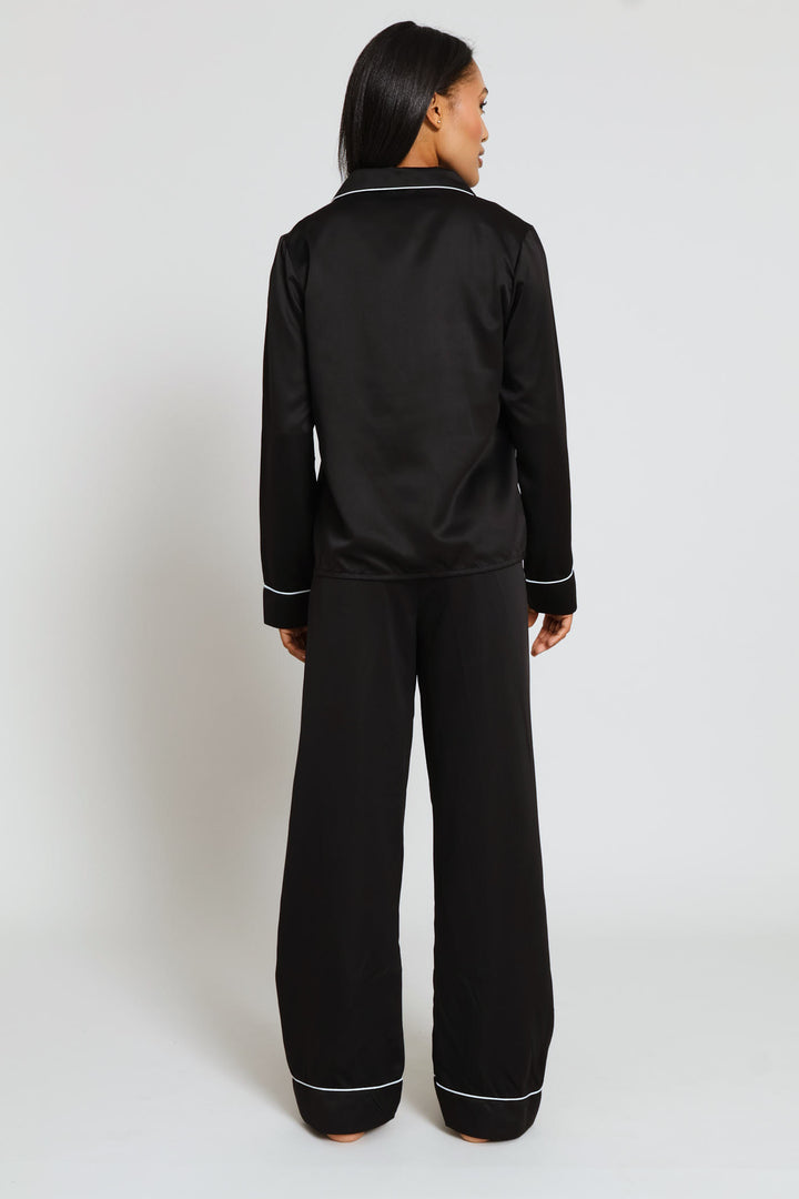 Long Sleeve Button Through & Satin Pant Set - Black
