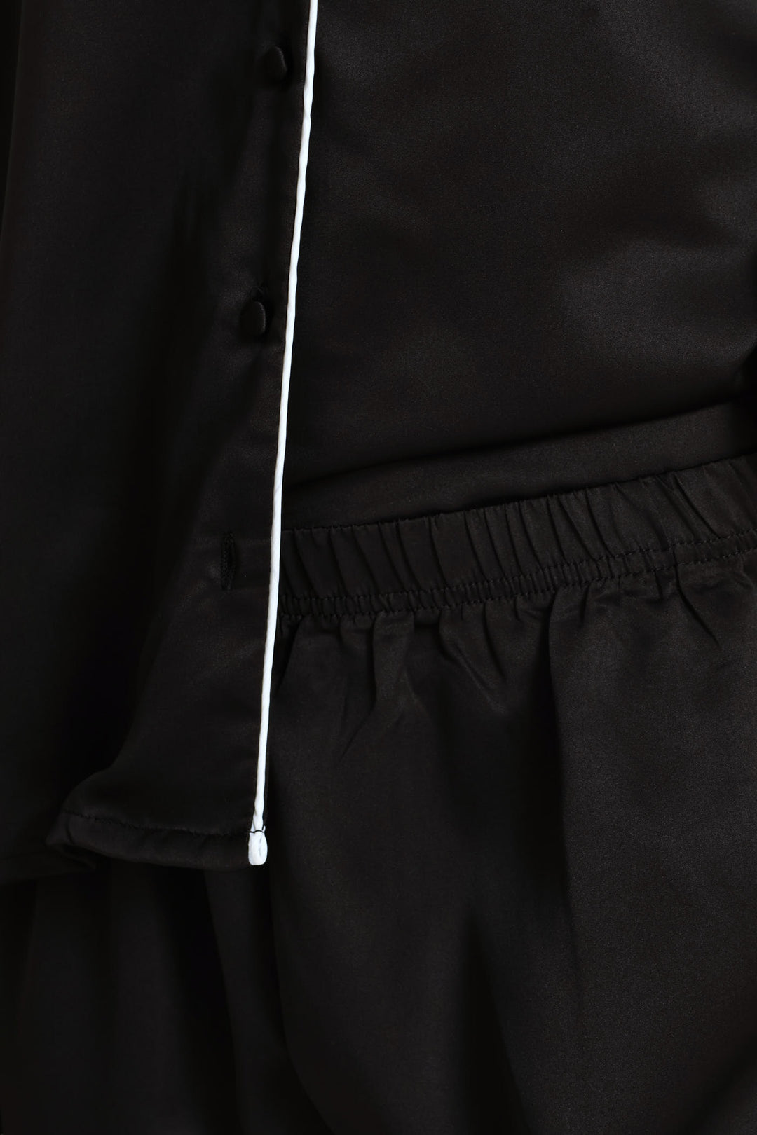 Long Sleeve Button Through & Satin Pant Set - Black