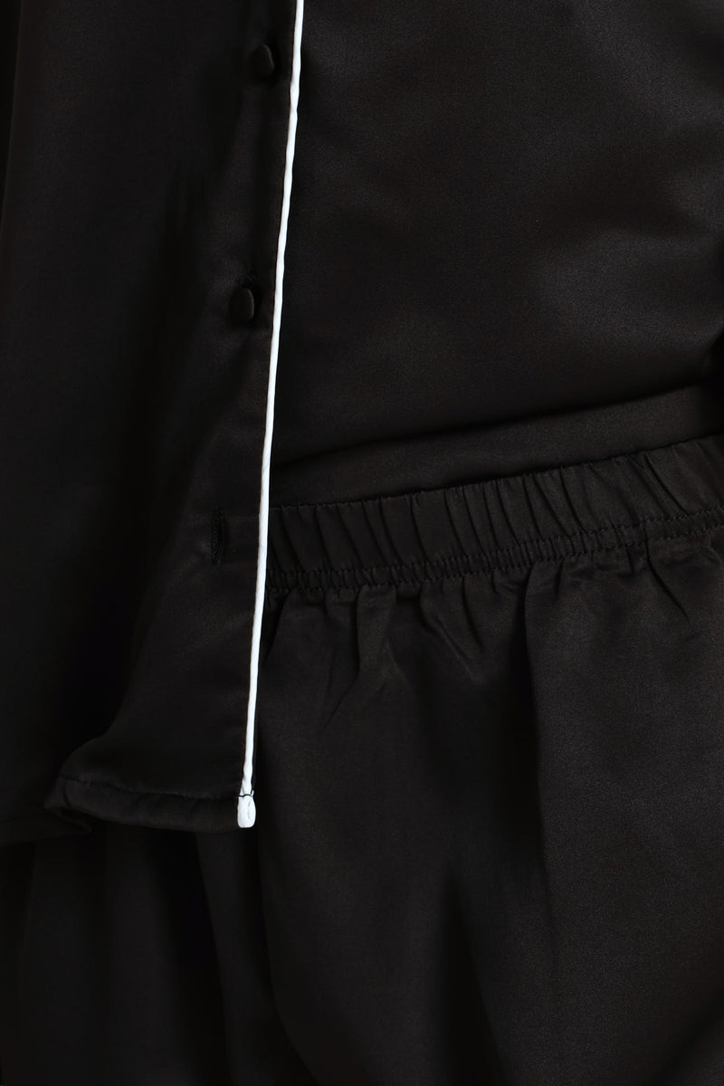 Long Sleeve Button Through & Satin Pant Set - Black