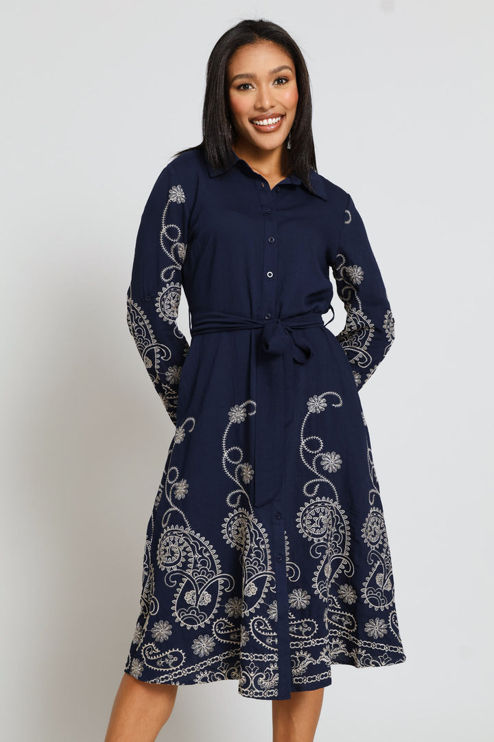 Long Sleeve Button Through Embroidered Midi Dress - Navy