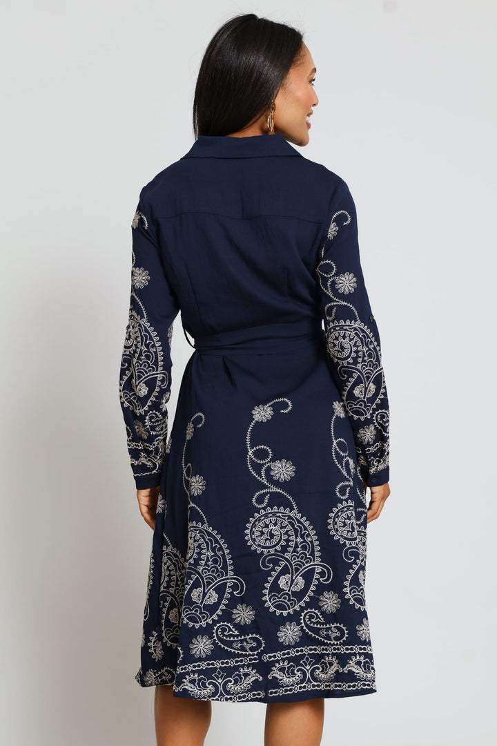 Long Sleeve Button Through Embroidered Midi Dress - Navy