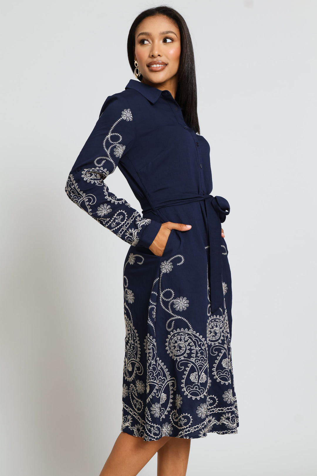 Long Sleeve Button Through Embroidered Midi Dress - Navy
