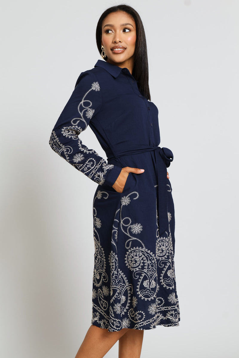 Long Sleeve Button Through Embroidered Midi Dress - Navy