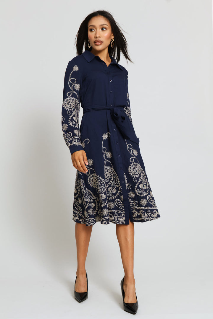 Long Sleeve Button Through Embroidered Midi Dress - Navy