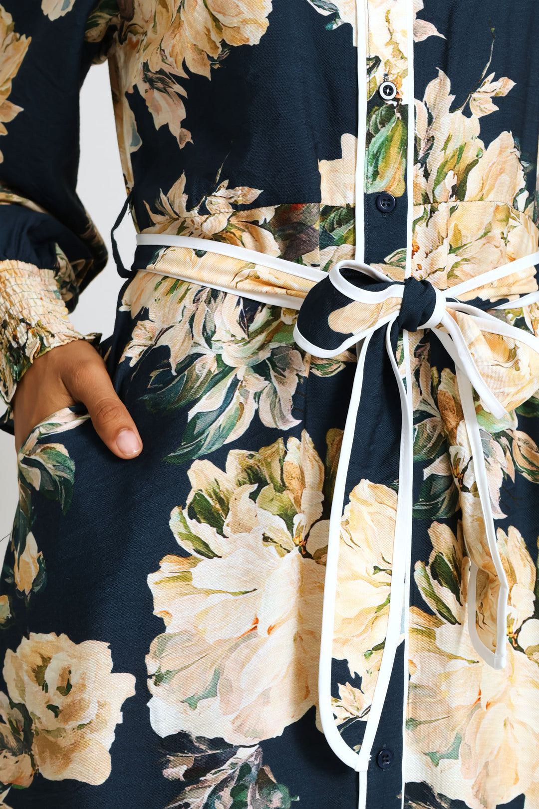 Long Sleeve Button Through Floral Viscose Blend Maxi Dress - Navy