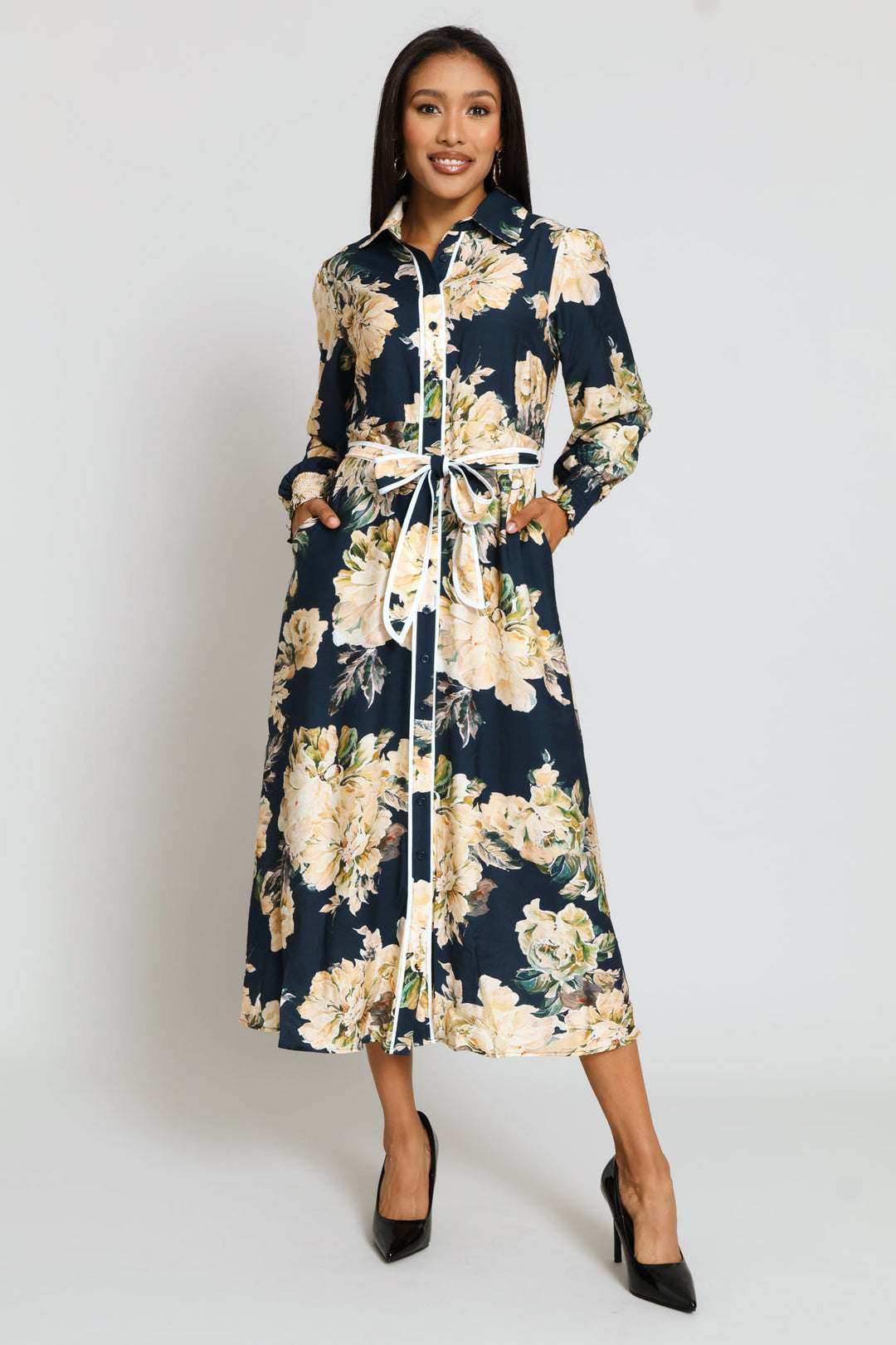 Long Sleeve Button Through Floral Viscose Blend Maxi Dress - Navy