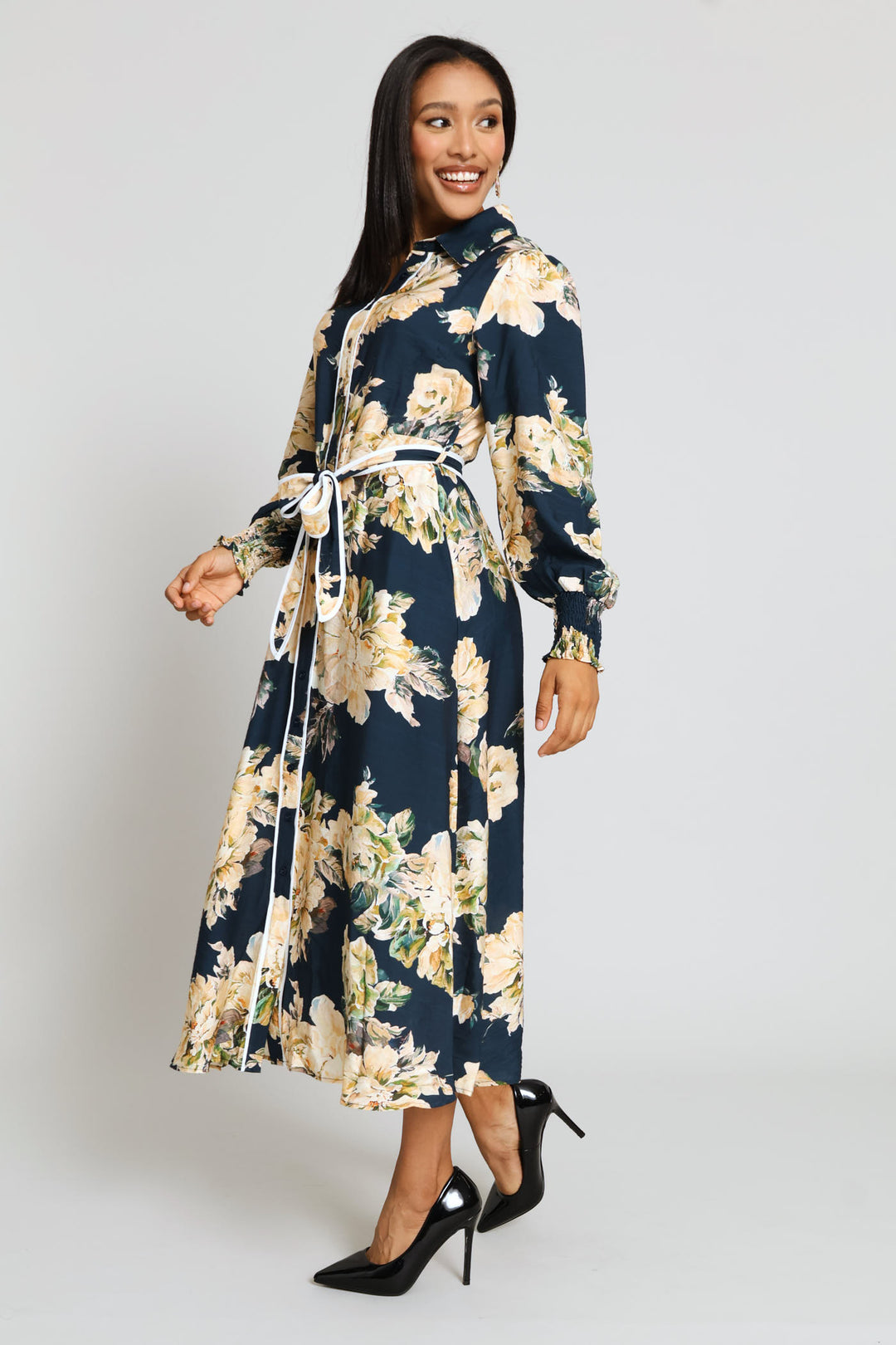 Long Sleeve Button Through Floral Viscose Blend Maxi Dress - Navy