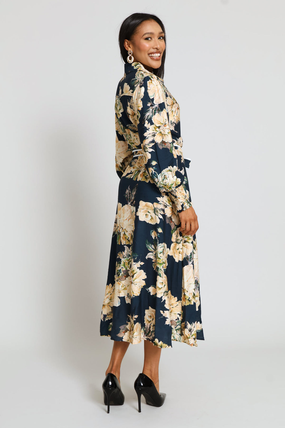 Long Sleeve Button Through Floral Viscose Blend Maxi Dress - Navy