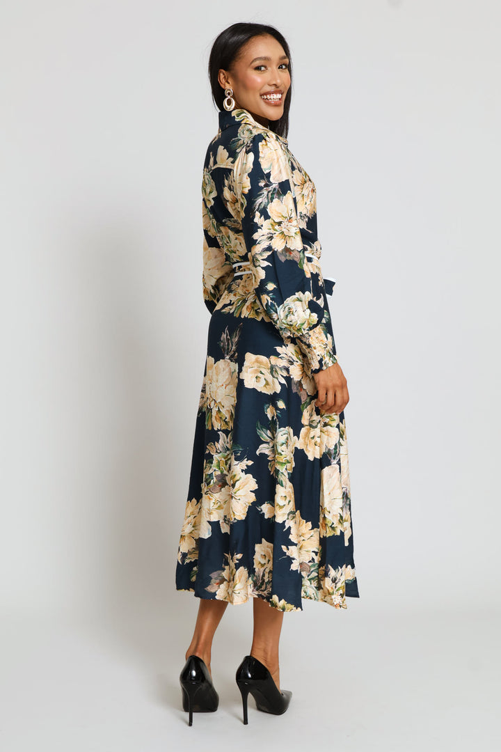 Long Sleeve Button Through Floral Viscose Blend Maxi Dress - Navy