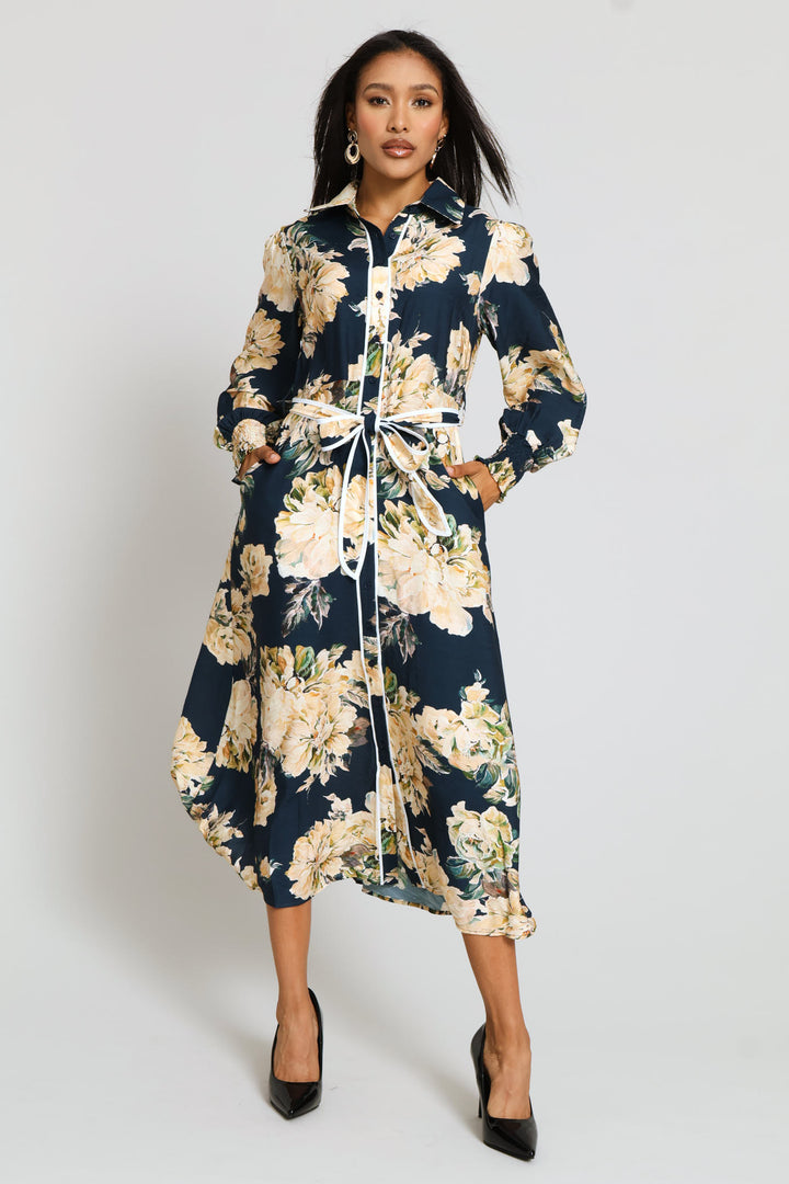Long Sleeve Button Through Floral Viscose Blend Maxi Dress - Navy