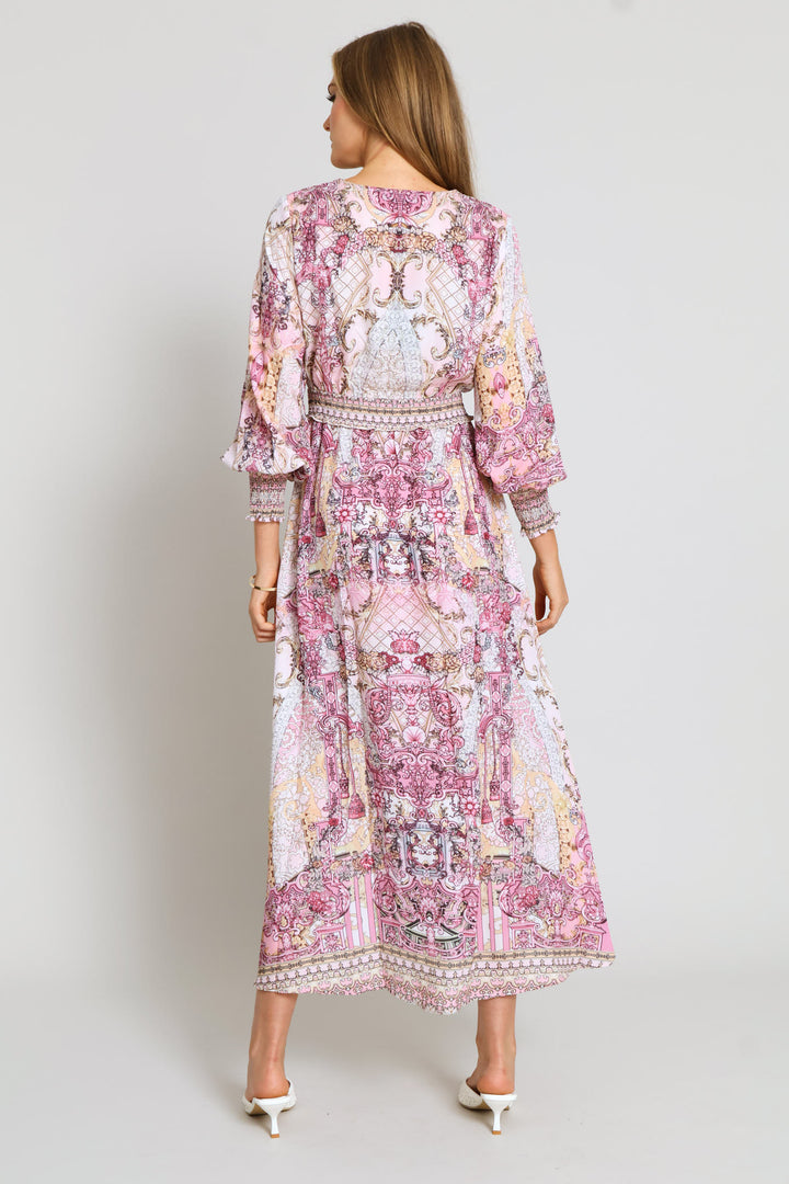 V-Neck Embellished Border Print Maxi Dress - Pink