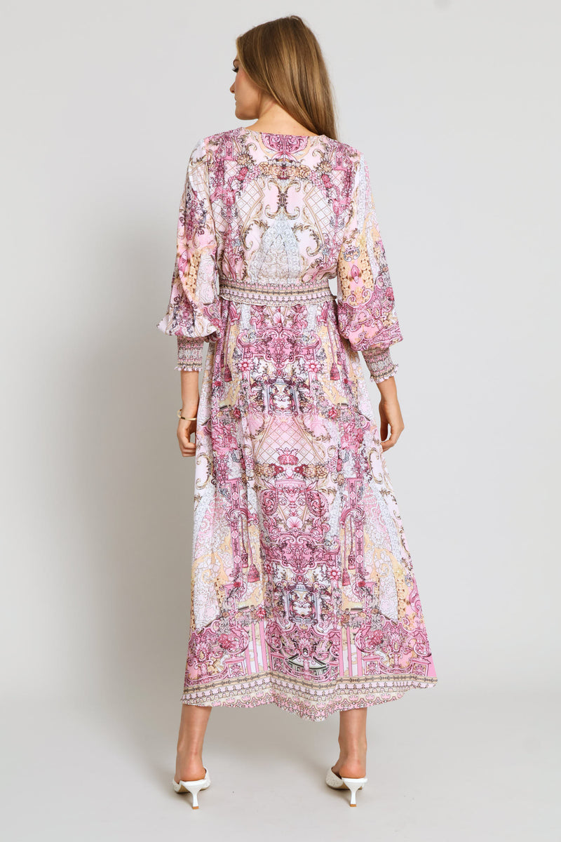 V-Neck Embellished Border Print Maxi Dress - Pink