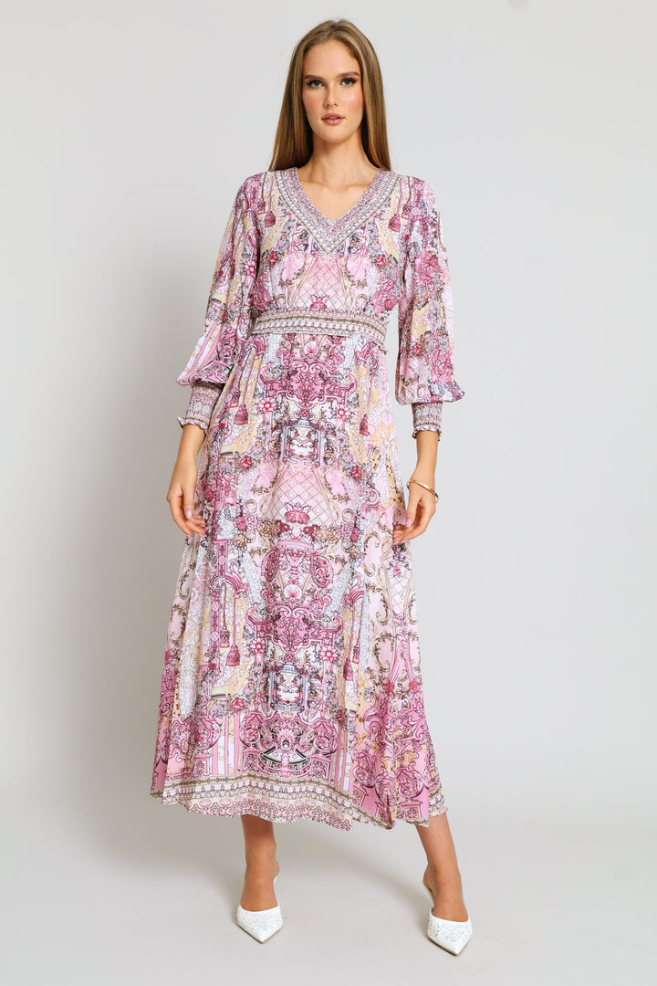 V-Neck Embellished Border Print Maxi Dress - Pink
