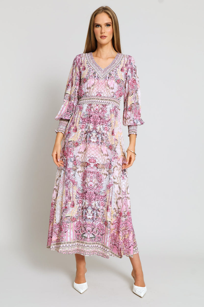 V-Neck Embellished Border Print Maxi Dress - Pink