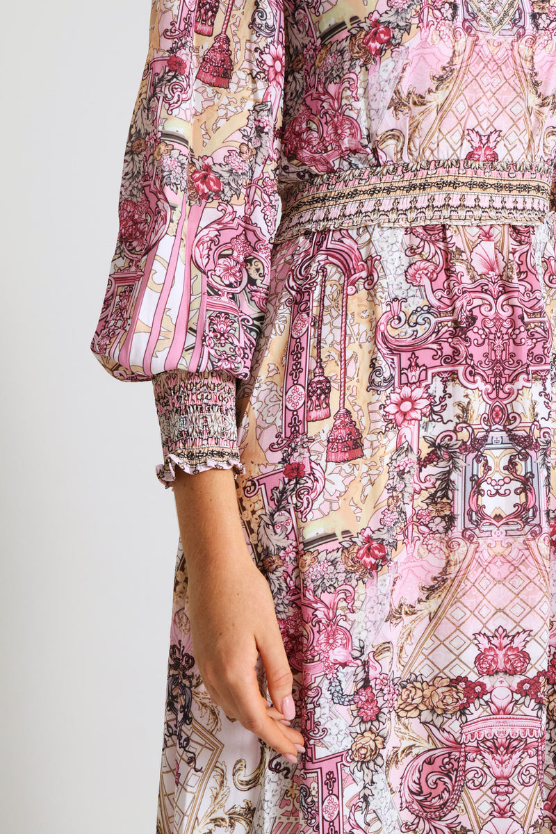 V-Neck Embellished Border Print Maxi Dress - Pink