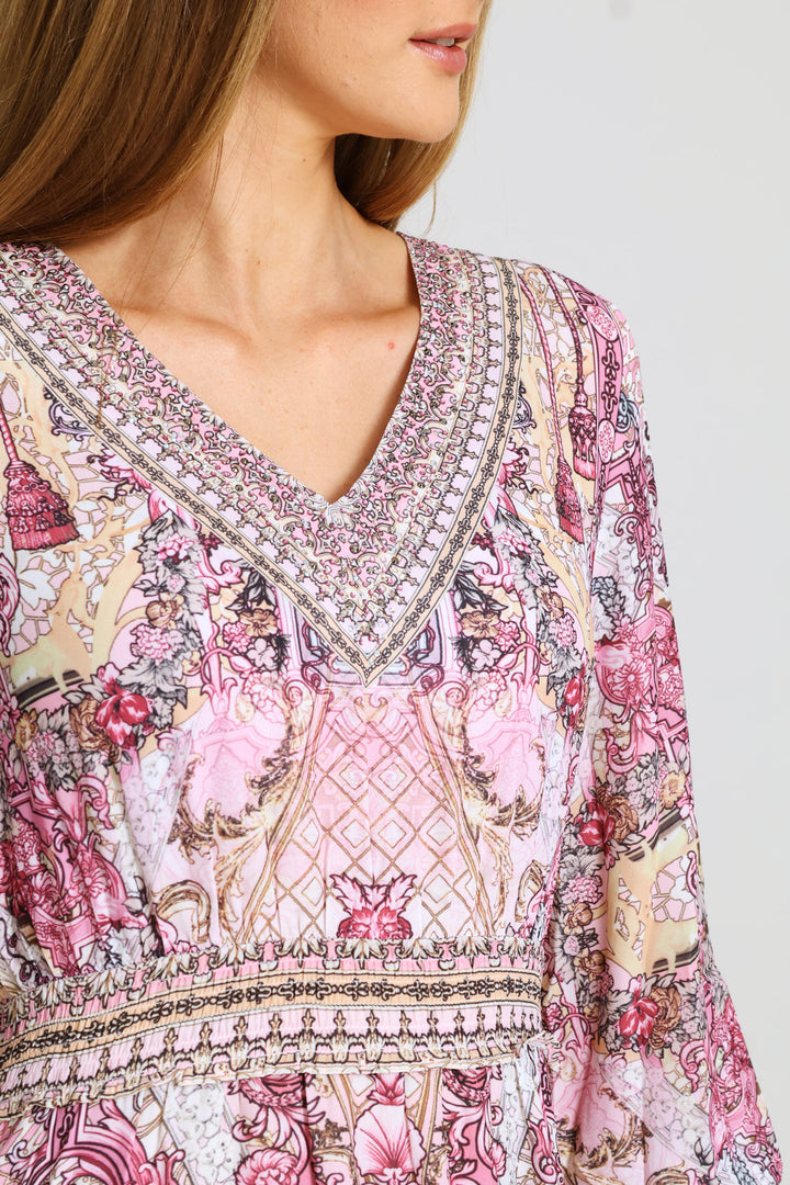 V-Neck Embellished Border Print Maxi Dress - Pink