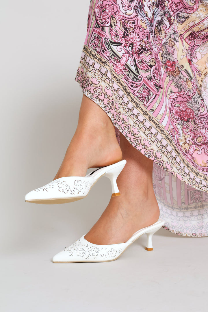 Pointy 3D Laser Cut Flower Mule Heel - Off White