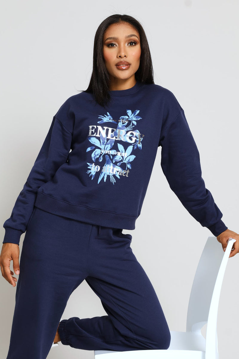 Long Sleeve Print Screen Pullover - French Navy