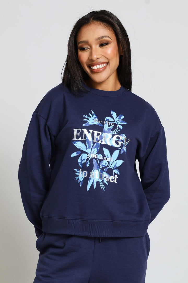 Long Sleeve Print Screen Pullover - French Navy