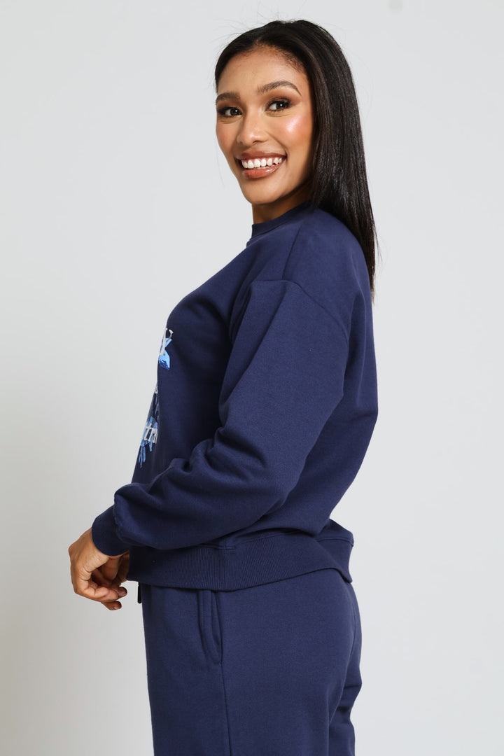 Long Sleeve Print Screen Pullover - French Navy