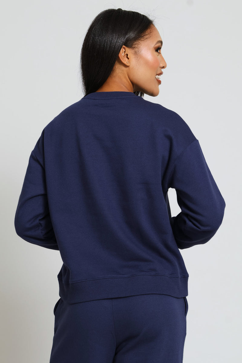 Long Sleeve Print Screen Pullover - French Navy