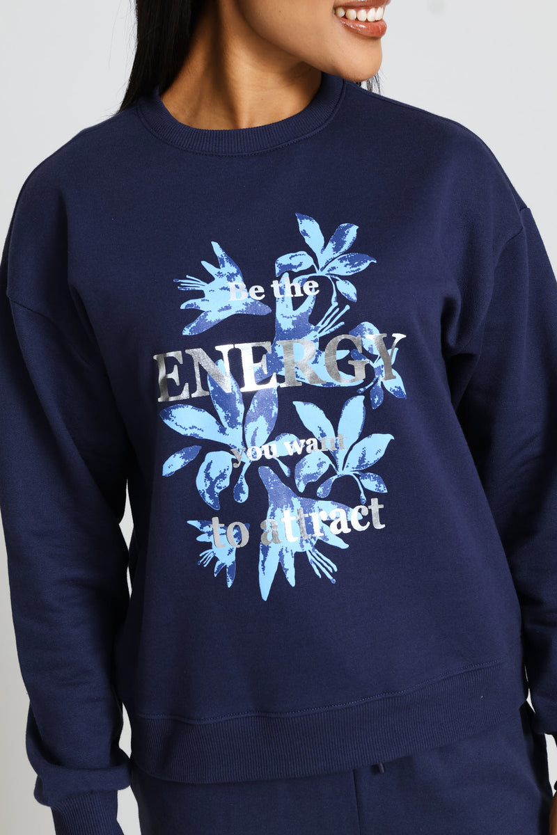Long Sleeve Print Screen Pullover - French Navy