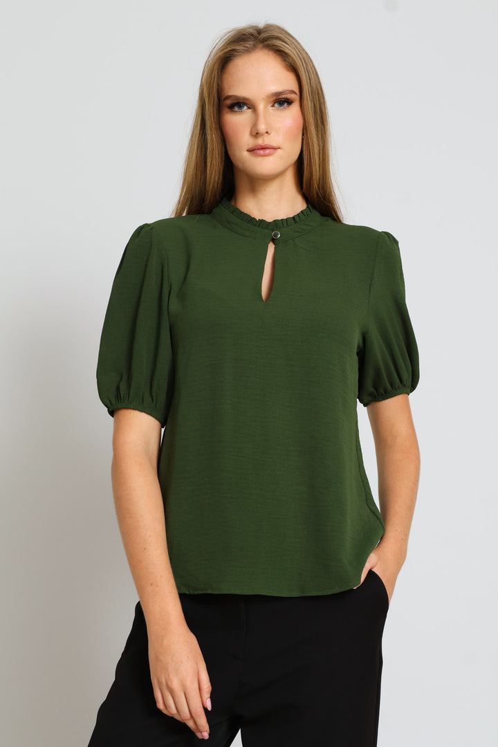 Keyhole Puff Sleeve Blouse - Fatigue