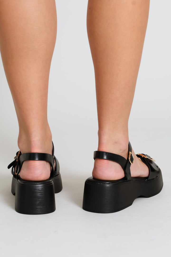 Double Band Square Buckle Detail Flatform Sandal - Black