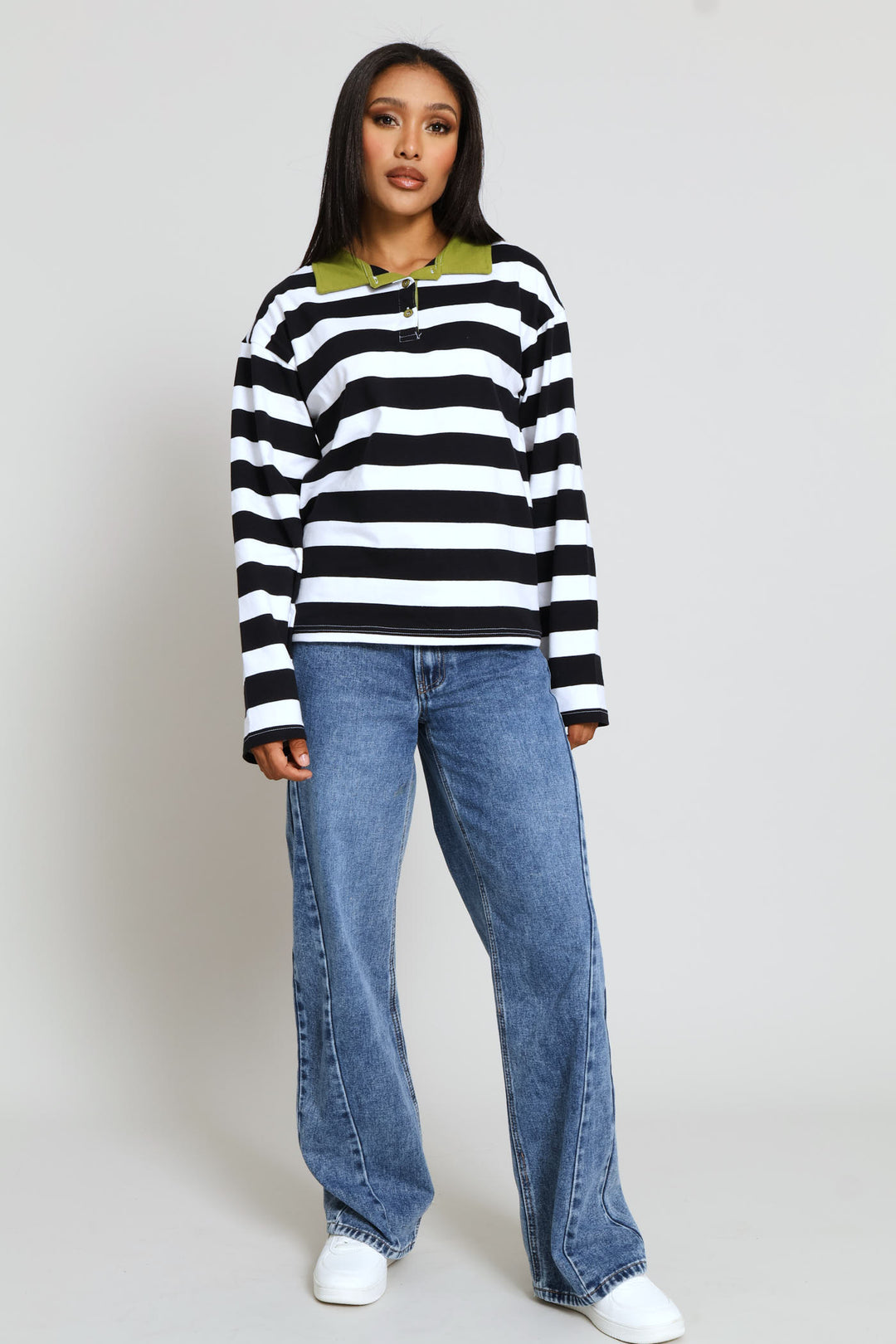 Long Sleeve Half Placket Contrast Collar Slouchy Rugby Top - Black/White