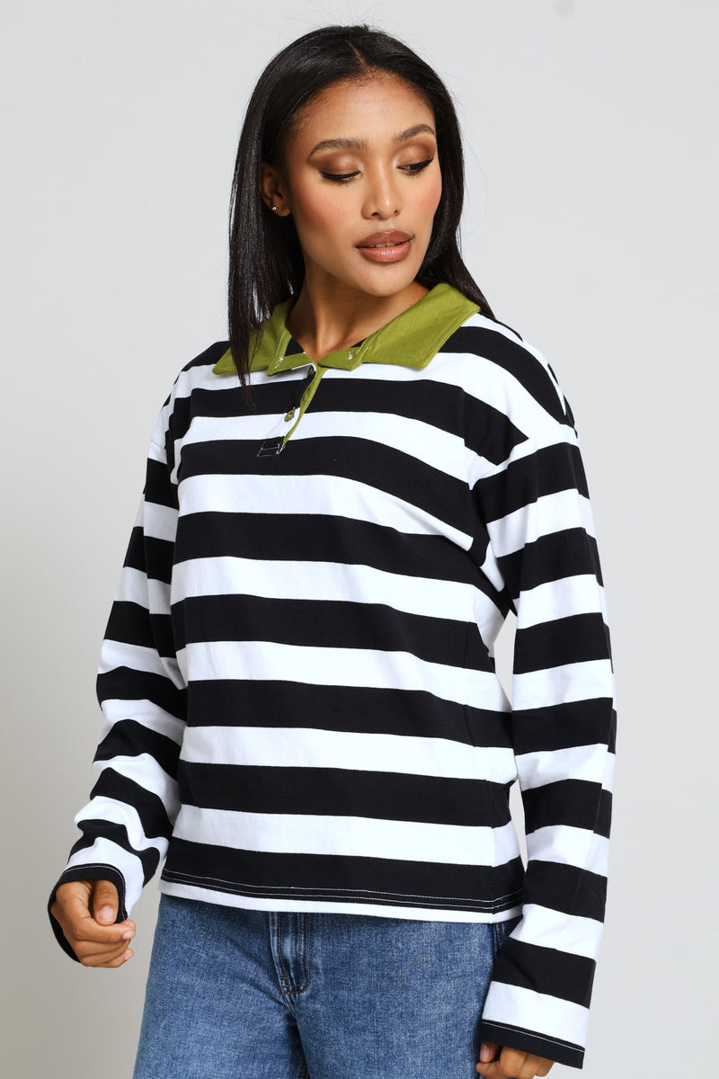 Long Sleeve Half Placket Contrast Collar Slouchy Rugby Top - Black/White