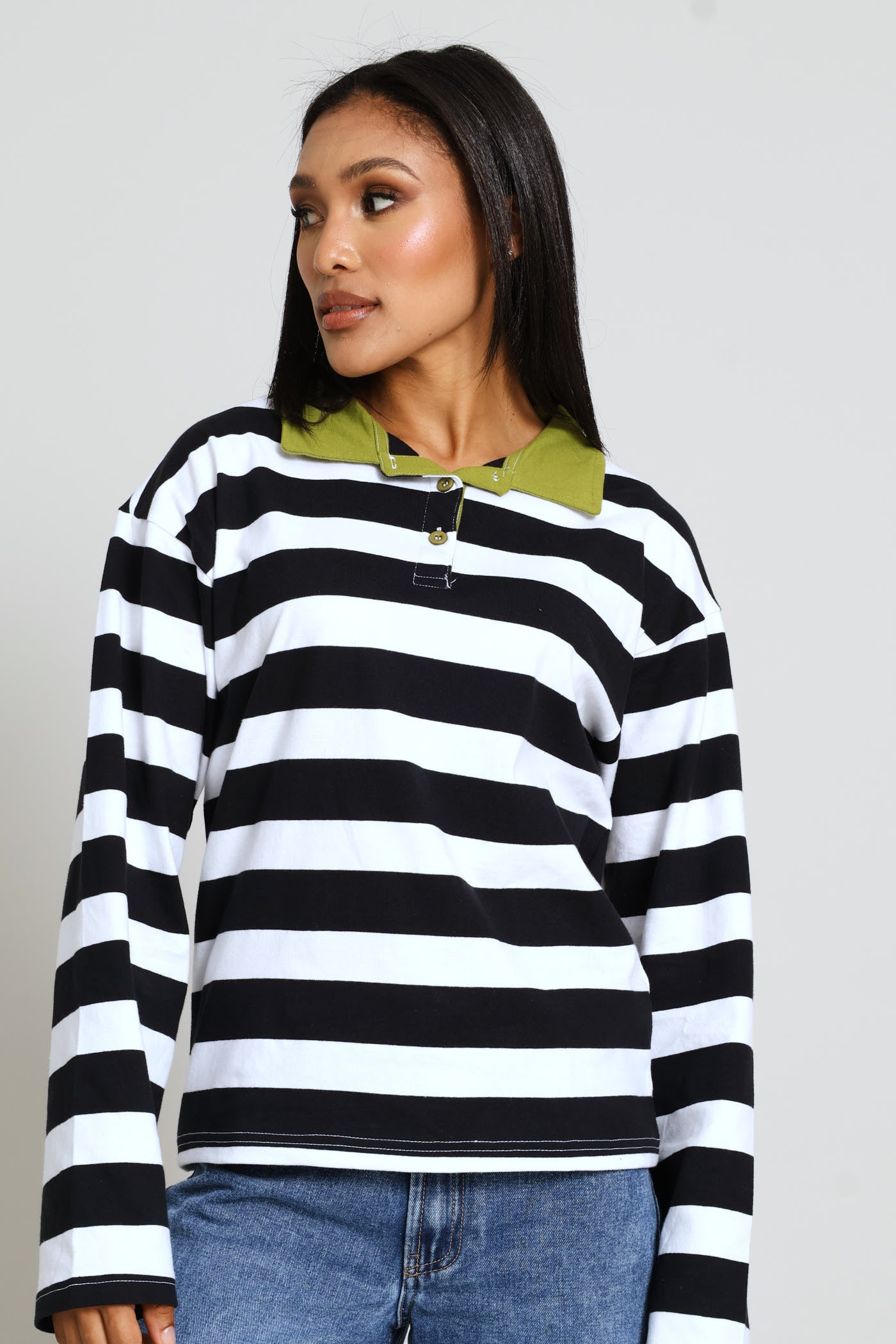 Ladies Long Sleeve Half Placket Contrast Collar Slouchy Rugby Top