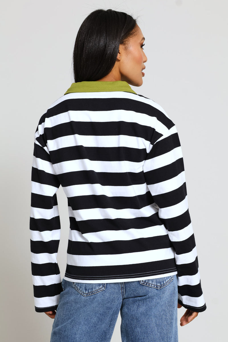 Long Sleeve Half Placket Contrast Collar Slouchy Rugby Top - Black/White