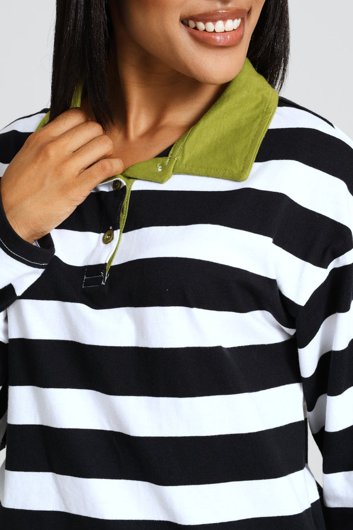 Long Sleeve Half Placket Contrast Collar Slouchy Rugby Top - Black/White