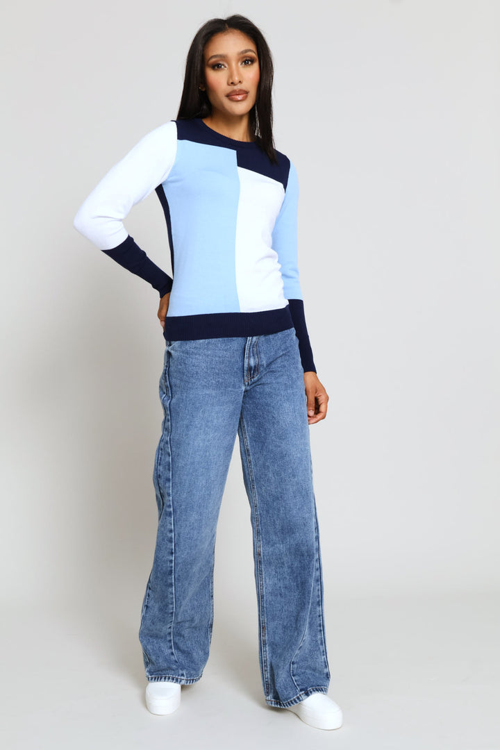 Intarsia Colourblock Pullover - Navy/Blue